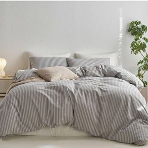 MooMee Grey and White Wide Striped Duvet Cover/Pillow Shams - Queen